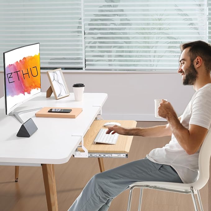 ETHU Under Desk Keyboard Tray - Small Slide Out Keyboard Shelf with C Clamp Mount, 19.7" x 11.8" Ergonomic Pull Out Tray for Home Office Desk,Oak