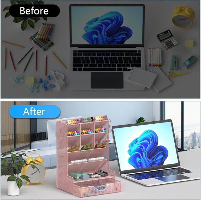 BOHDK Pen Organizer for Desk, Multi-Functional Desk Organizer, Wall Mount Pen Holder with Drawer for School, Office, Home, Art Supplies, Pink