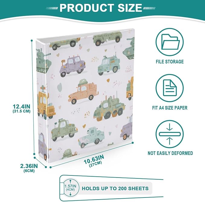 Cute Car Colorful Decorative 3 Ring Binder 1.5 Inch Large View Binders with Pockets Holds 200 Sheets File Organizer for Office College School, 1 Pack
