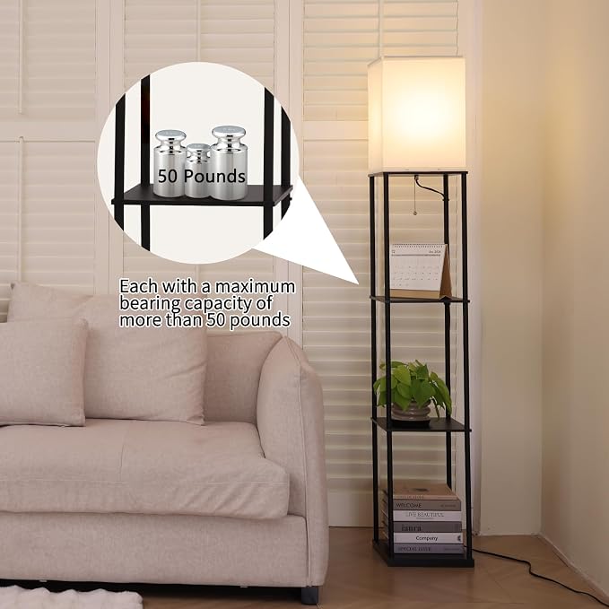 Gupuzm Floor Lamp with Shelves, Modern Square Standing Lamp with 3 Color Temperature Bulb, Corner Display Bookshelf Lamp for Living Room, Bedroom and Office (Black)