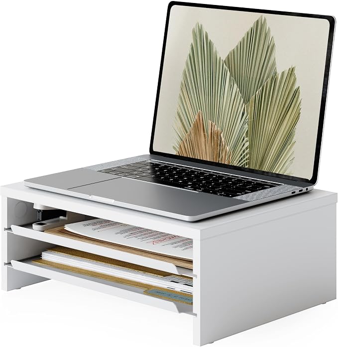 Fenge 14.3-Inch Monitor Stand with Slide-Out Trays, Wood & Metal Desk Shelf | 3-Tier Space-Saving Desk Storage Organizer, Fits Computer, Laptop, Printer and Telephone