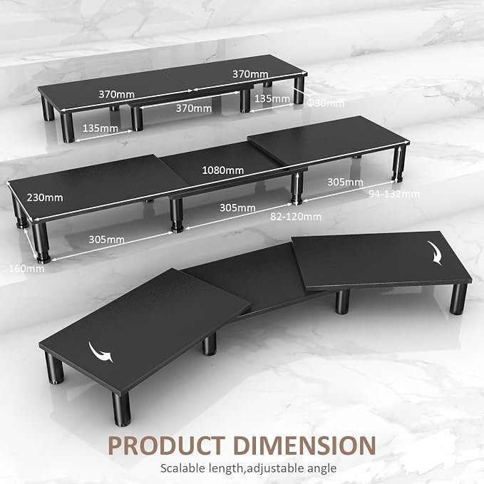 Dual Monitor Stand Riser, Monitor Stand with Adjustable Height Steel leg, Wood Monitor Stand for Desk, Monitor Riser for 2 Monitors with Storage Space Black