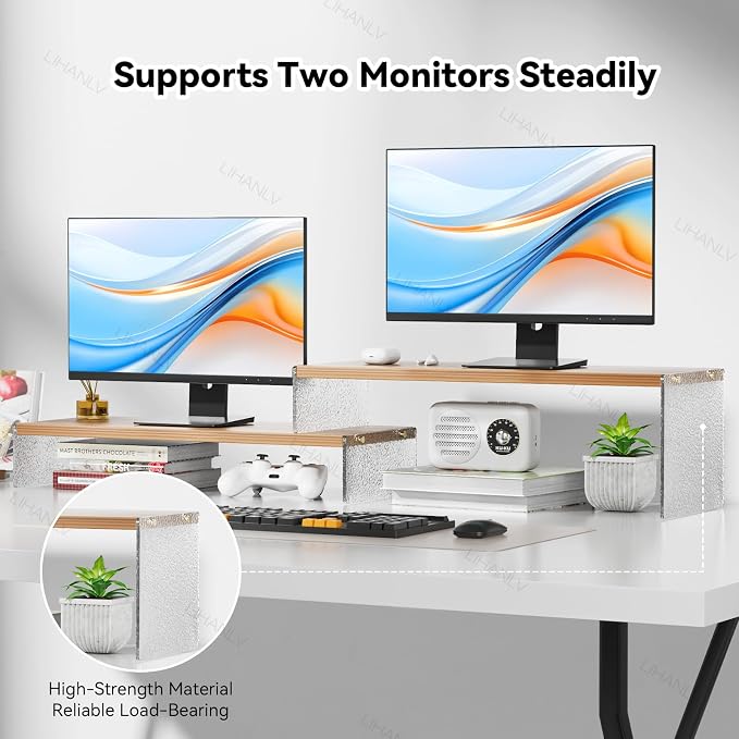 YGYQZ Adjustable Monitor Stand Riser, 7.67"×19.3" Dual Monitor Desk Stand | Adjustable Monitor Riser, Expandable Desk Organizer, 2-Tier Storage, Acrylic Legs, Ergonomic Workspace, Wood Glacial Striae