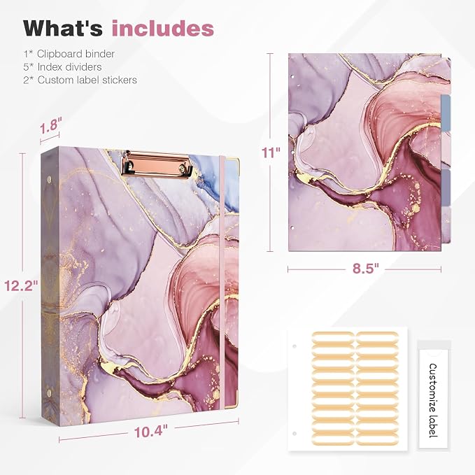 Ospelelf 3 Ring Binder 1 Inch, Pink Binders for Letter Size Documents(11" x 8.5") with 5 Tab Dividers, Clipboard Organizer, Back to School and Office Supplies
