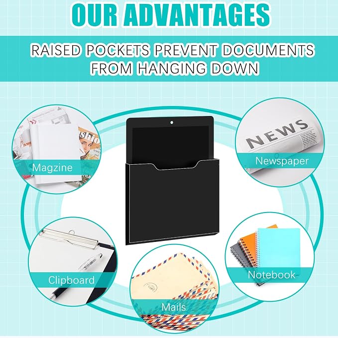 Feifeiya 2 Pcs Magnetic File Folder Wall Hanging Holder Large Pocket Paper Magazine Mail Organizer for Refrigerator Classroom Locker Whiteboard(Vertical,Black Clear,12.2 x 9.4 Inches)