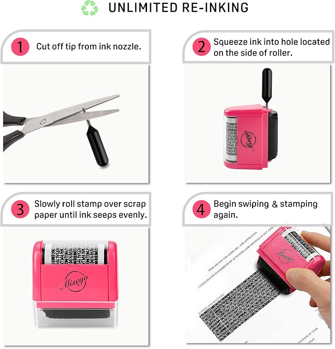 Miseyo Wide Identity Theft Protection Roller Stamp Set - Peach (3 Refill Ink Included)