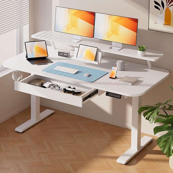 COMHOMA Electric Standing Desk with Drawers, 55 x 24 Inch Sit Stand up Desk with Monitor Stand, Laptop Stand, Height Adjustable Ergonomic Home Office Computer Desks with Memory Preset Controller