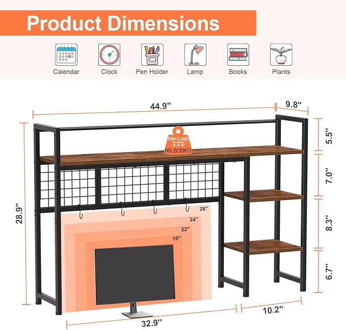 Snughome Desk Shelf, 44.9" Desktop Organizer Shelf, Desk Hutch for Computer Monitor, 4 Tier Desk Display Rack with Pegboard Hooks Set, Wood Desktop Bookshelf for Home Office Dorm