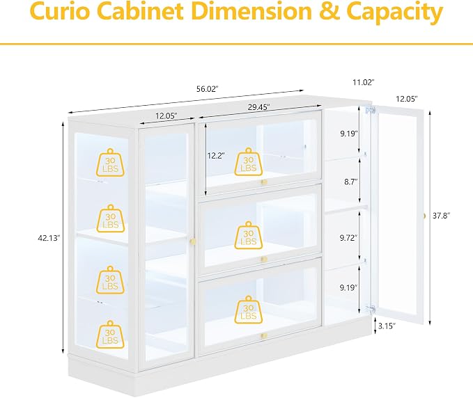 Display Cabinet with Acrylic Glass Doors,Extra Wide Curio Cabinet with LED Lighting for Collectibles, Collectibles Toy Organizers Rack & Display Shelf Display Case, White