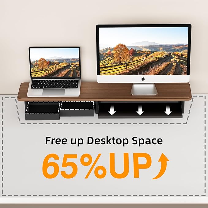 AFOOYO Large Dual Monitor Stand For Desk,43 Inch Desktop Computer Riser with Metal Drawer Desk Shelf Organizer For Computer/Laptop/PC/Printer/TV