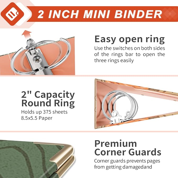 EYROZILL Mini Binder 2 Inch 3 Ring for 5.5" x 8.5" Paper, Cute Small Three Ring Binder with 5-Tab Dividers and Profile Clipboard for Women Supplies, Mountan Path