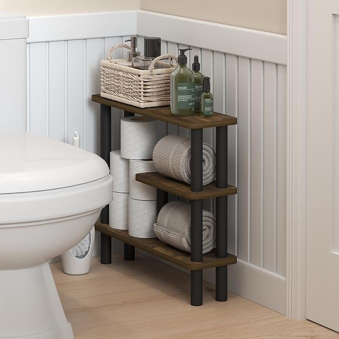 Furinno Turn-N-Tube Bathroom Storage Shelf, 3-Tier Toolless Narrow Storage Rack, 5.7" Wide Space Saving Shelf, for Bathroom, Living Room, Entryway, Amber Pine