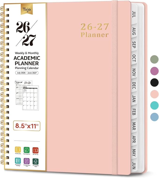 Taja Planner 2026-2027, 8.5" x 11" Calendar Planner, Jul 2026-Jun 2027 | Letter Hardcover Weekly & Monthly Academic Year Planner, Large Planning Agenda With Tabs, School & Office Supplies, Pink
