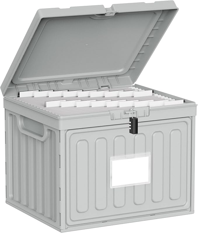 Oterri Lockable Stackable Plastic File Box with Lid for Letter-Size | Hanging File Folders Not Included. Grey, Large 1-Pack. Home, Office, Classroom, Dorm, Tax, Under Bed, Filing Cabinet.
