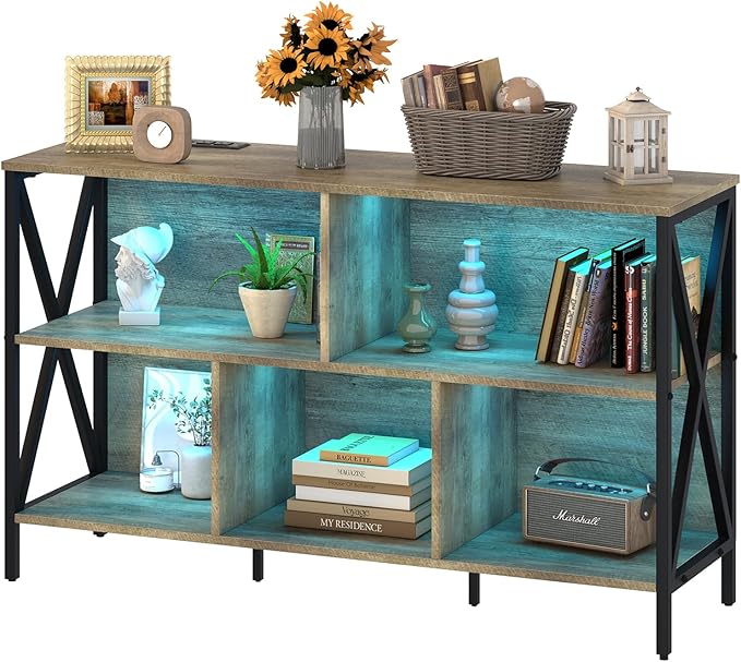 47" 5 Cube LED Bookshelf, Industrial Wood Metal Low Wide Bookcase, Oak | Multicolored LED lights, 320lbs heavy duty, 30-min assembly, open cubby storage, for living room game room