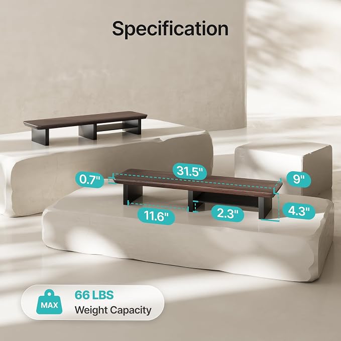 31.5" Dual Monitor Riser, Metal Shelf Wooden Desk Organizer | Walnut Wooden Desk Shelf for 2 Monitors/TV,Monitor Stand Riser for Desk, Wood Monitor Stand Organizer for Home Office