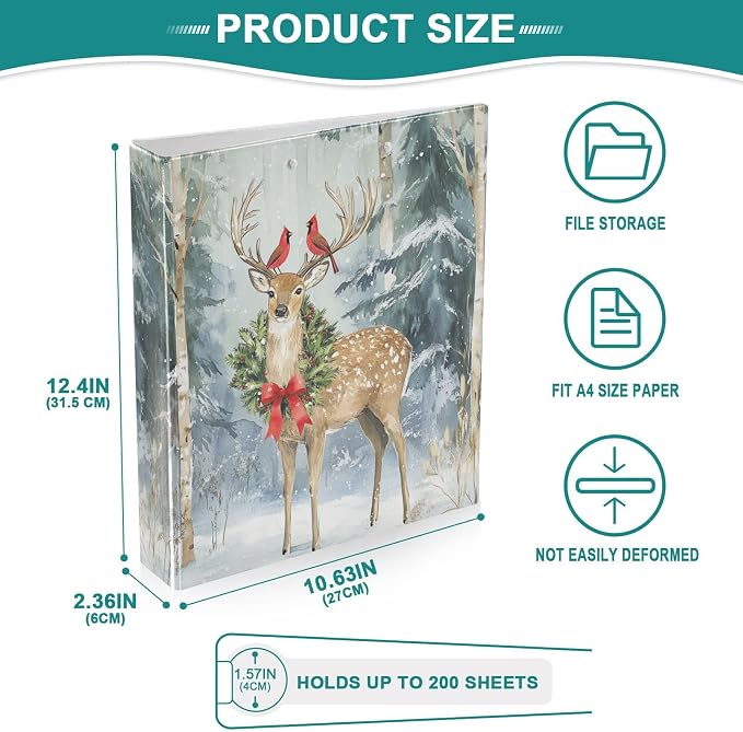 Winter Deer with Xmas Wreath Bird 3 Ring Binder 1.5" Decorative D-Ring Binder with Clipboard&3 Clear Pockets, Holds 200 Sheets A4 Size Paper Waterproof Binders for School Home Office