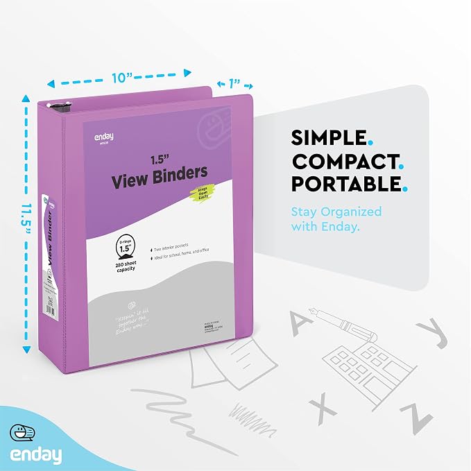 Enday 1.5 Inch Binder (6 Pack - Purple) 3 Ring Binder 1.5 inch with Clear View Cover and 2 Inside Pocket - for Letter Size 8.5 x 11'' Paper, Ideal for School Supplies, Office, and Home