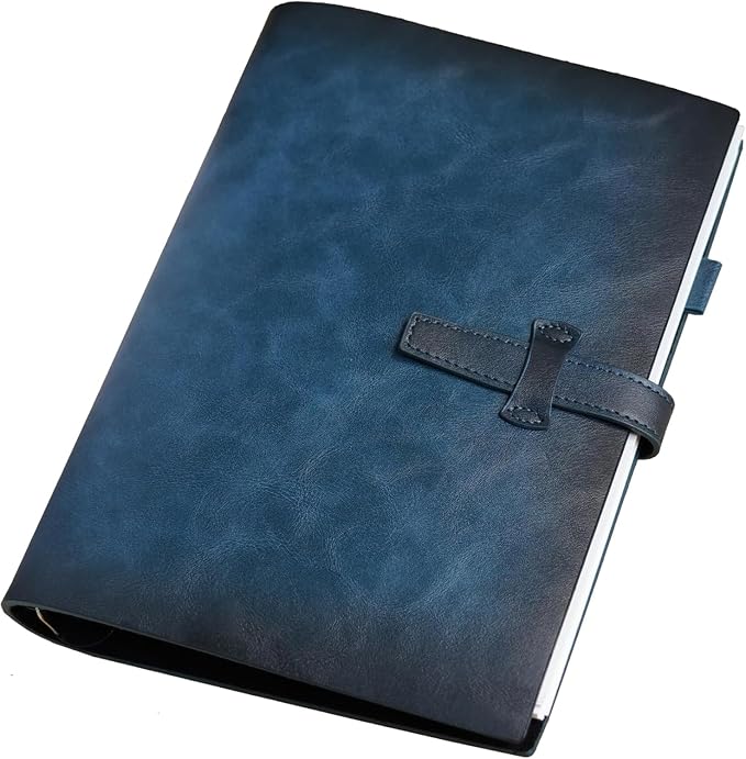 Refillable A5 Leather Binder Notebook, Reusable Leather Journal, Vintage Organizer with 6-Ring Metal Binder, 120 Pages Lined Paper & Pocket, for Writers Business Work Study College and Daily, Blue