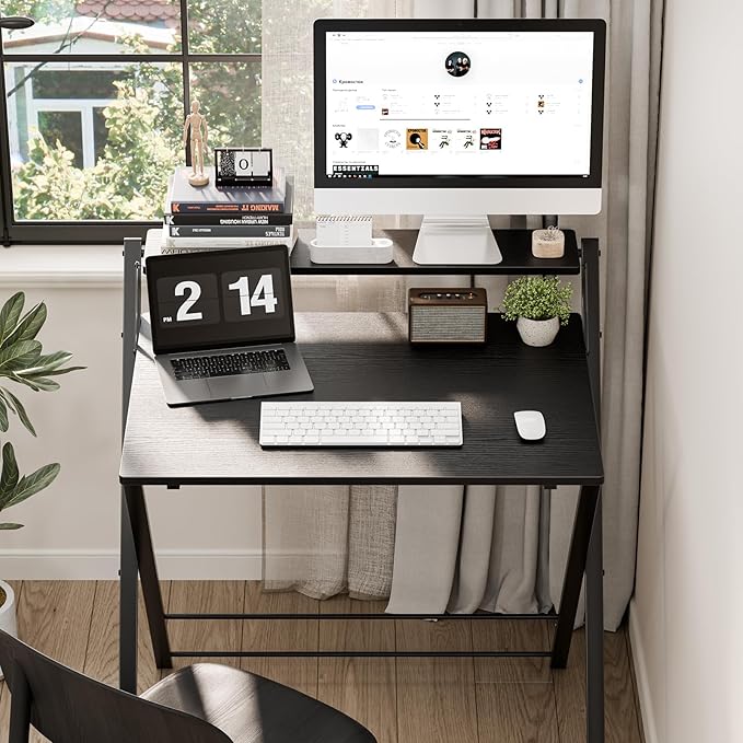 DUMOS Folding Desk with Shelf, No Assembly Computer Desk, Small Space Black | Foldable Desk with Shelf Saves Space for Bedroom, Office and Dorm Use