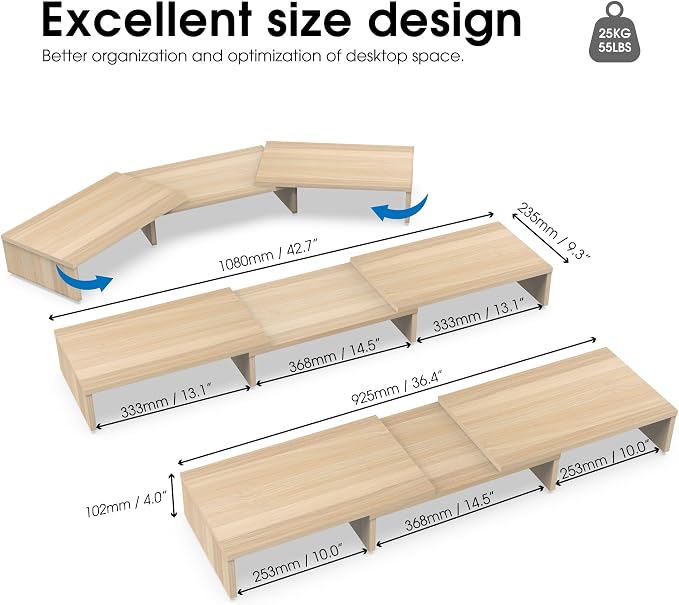 FITUEYES Dual Monitor Stand Riser, Adjustable Length and Angle, Oak | Wooden 3-Shelf Design, Supports up to 55lbs, Flexible for Standard Corner Space, Holds Monitor, Laptop, Phone, Printer