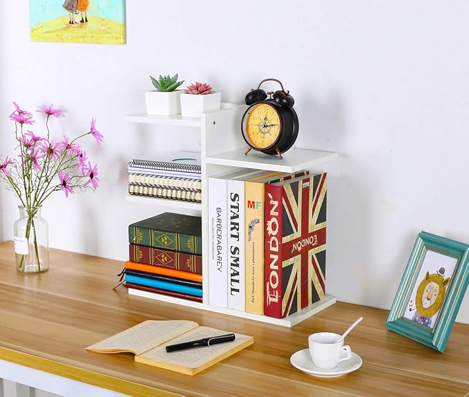 Wood Desktop Shelf Small Bookshelf Desk Supplies Organizers and Accessories Storage Display Rack Office Decor for Women, White