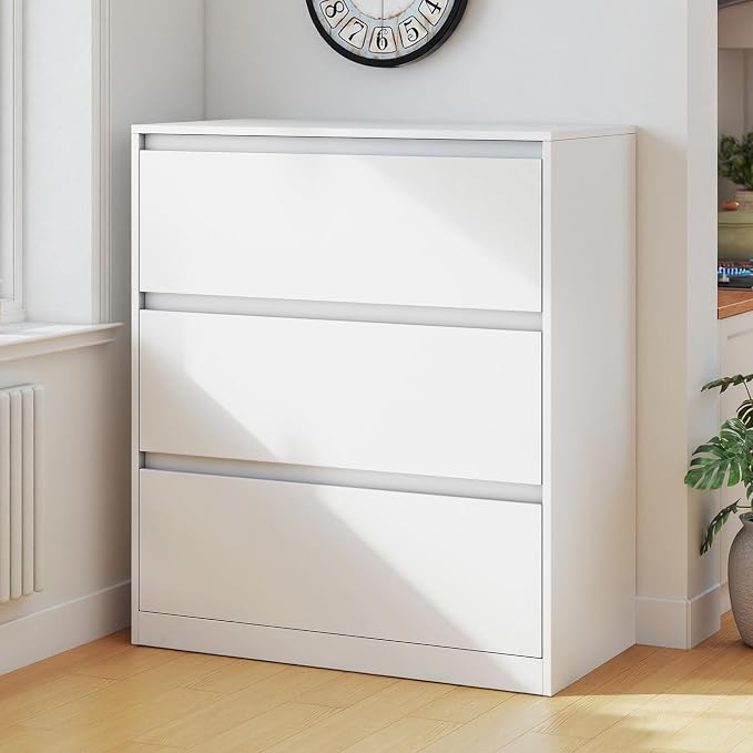 AMERLIFE Storage Cabinet with 3 Drawers, 32 x 16 x 36 Inch | 3-Tier Storage Case and Modern Display Shelf for Collectibles, White