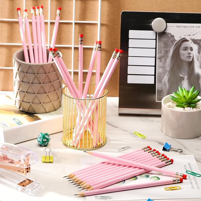 Outus 24 Pieces Round Pencils Cute HB Graphite Wood Pencils Bulk with Eraser for School Writing Drawing Sketching Wedding Office Supplies(Light Pink)