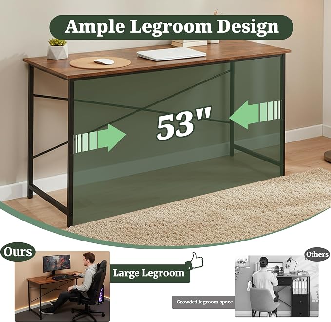 55 Inch Computer Desk, Writing Desk for Home Office Study Workspace | 265 lb Capacity, Reinforced X-Frame, Waterproof MDF Top, Scratch-Resistant Surface, Easy Assembly, Brown