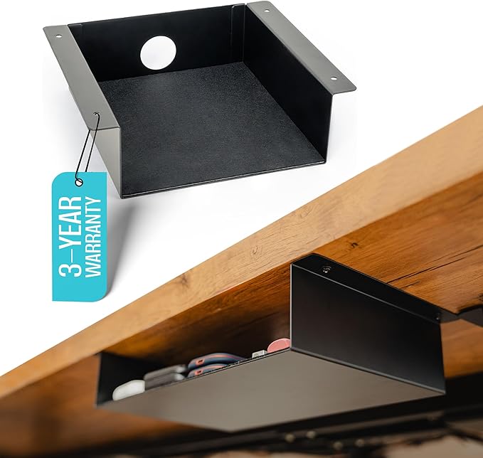 COREMINDED Under Desk Storage Shelf - Carbon Steel Under Desk Tray with Cable Management, Mountable Add-On Shelf for Table & Office Desks (7.5" x 8" x 2.8")