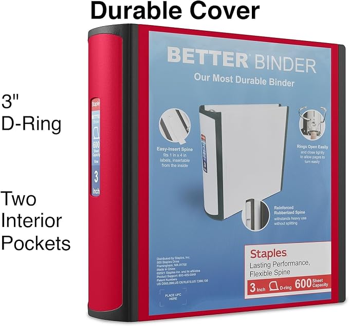 Staples Heavy-Duty 3-Inch D-Ring Binder, Red, Vinyl Cover, 600 Sheets | Large-capacity 3-ring binder for school and office document storage.