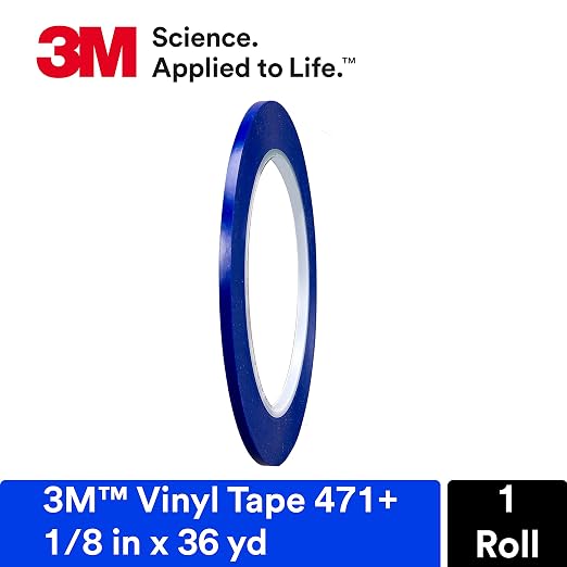 3M Vinyl Tape 471+, 1/8 in x 36 yd, Indigo, 1 Roll | Fine Line Tape for Paint Masking Striping, Color Separation and Complex Designs, High-Temperature