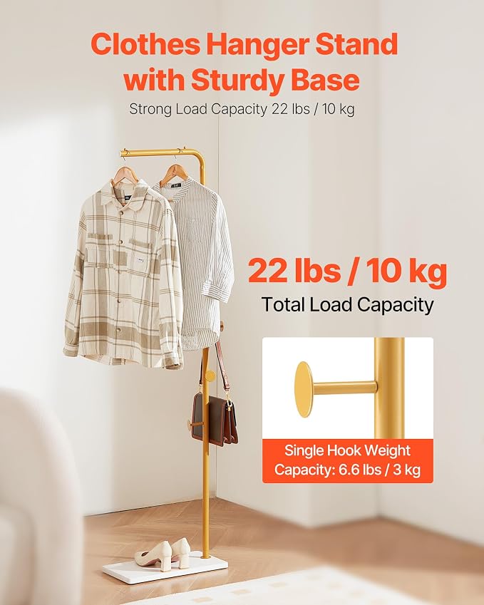 VEVOR Coat Rack, Freestanding Coats Rack Stand with Quartz Stone Base & 3 Round Hooks, Free Standing Hall Coat Tree for Entryway, Bedroom, Living Room, Stylish Clothes Hanger Stand for Coats, Hat, Bag
