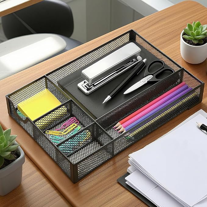 2 Pack Desk Drawer Organizer, Metal Mesh Drawer Organizer Tray for Office Home Supplies