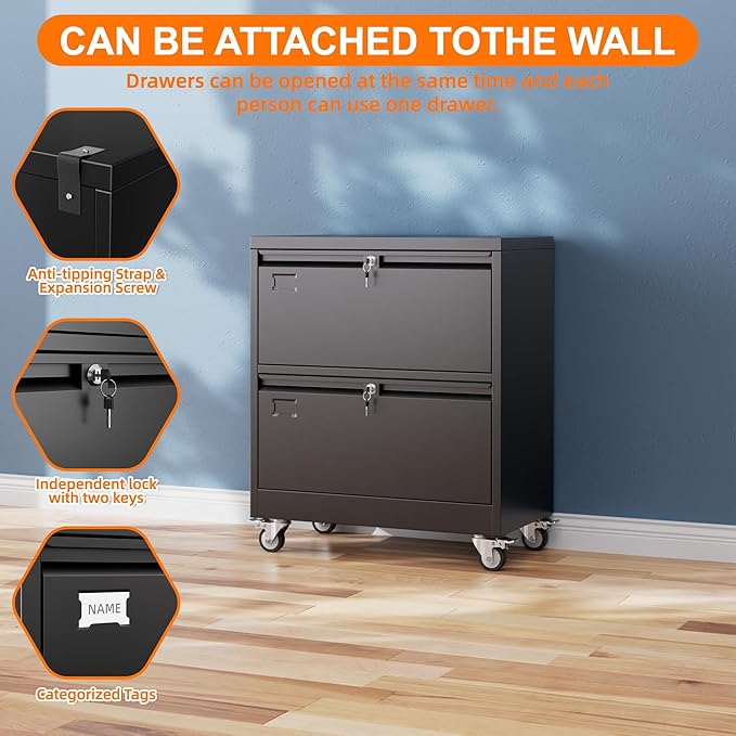 METAN Upgrade 2 Drawers Lateral File Cabinet on Wheels,Steel Office Filing Storage Cabinet with 2 Locks,Assembly Required,Black