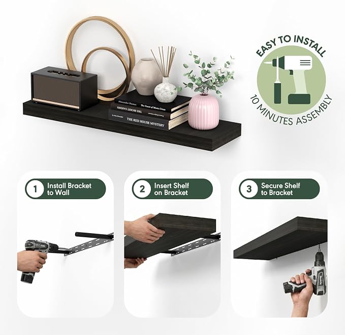 Furinno Tanna Floating Shelves for Wall, 9 x 35 Wall Shelf, Single Set Wall Mounted Floating Shelf with Invisible Bracket, 2-Inch Thick, for Bathroom, Living Room, Bedroom, Home Office, Tobacco Oak