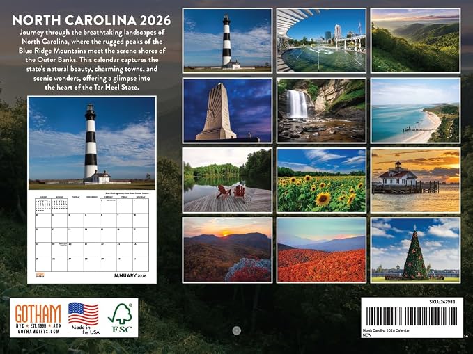 North Carolina Calendar 2026 Wall 12 Month Monthly NC Scenic Souvenirs Themed Gifts | American Made In The USA
