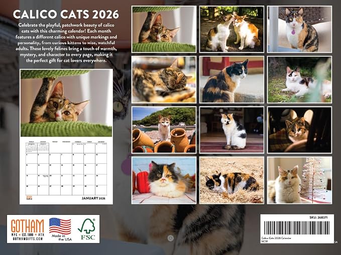 Calico Cat Calendar 2026 Monthly Wall Calender 12 Month | American Made In The USA
