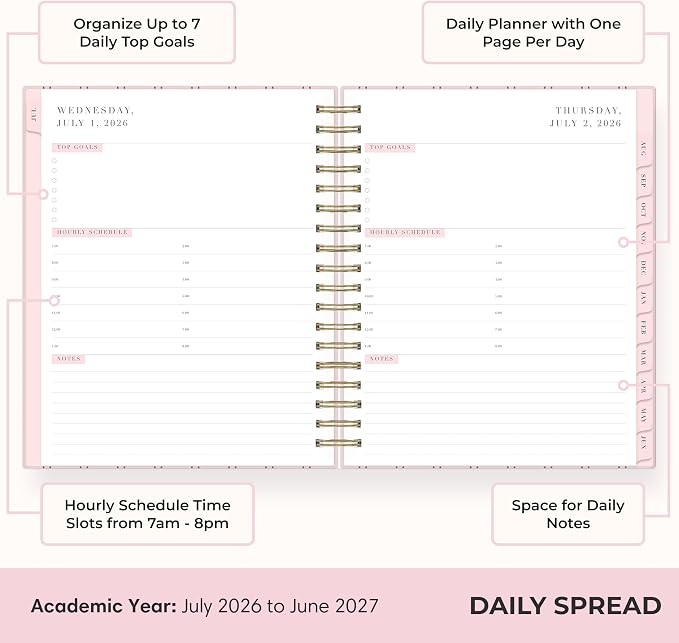 Blue Sky 2026-2027 Daily & Monthly Academic Planner, 7"x9", Laine Pink