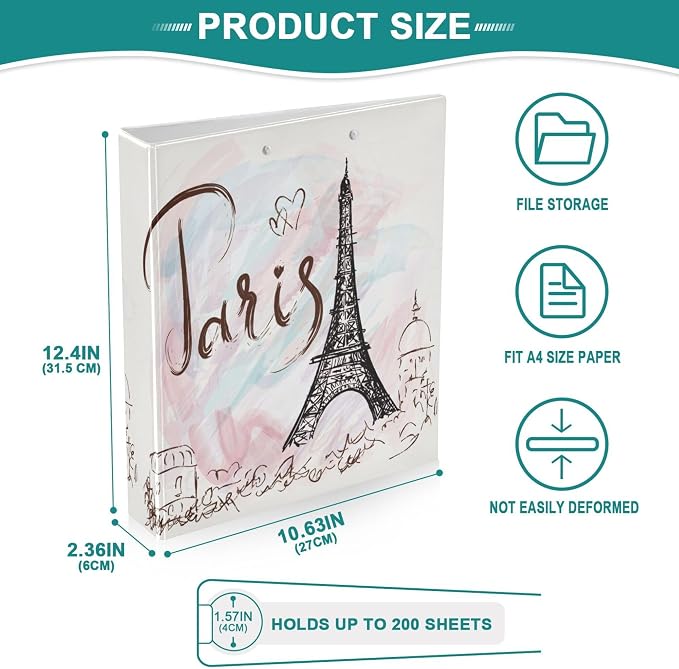 Eiffel Tower Round Ring Binders 1.5 Inch Paris Pink White 3 Ring Clipboard Binder for Office School Work Supplies File Folder 200 Sheet Capacity 2 Pieces