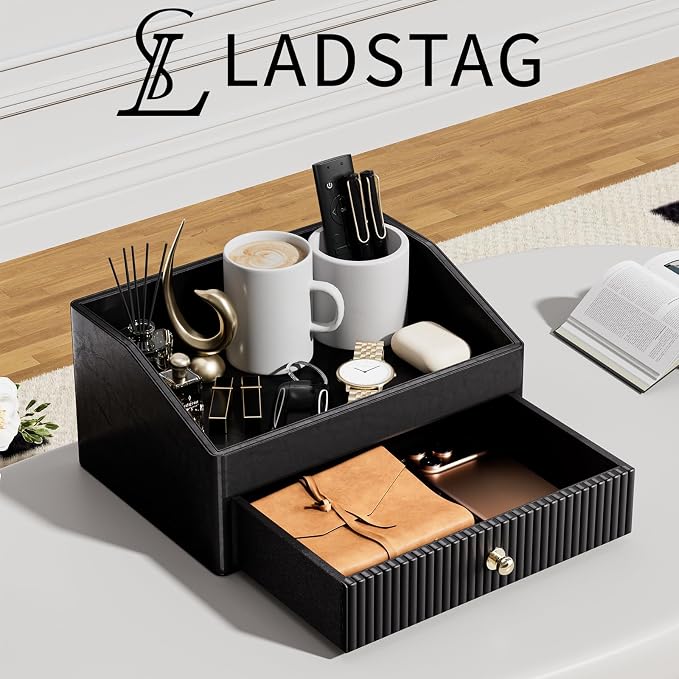 LADSTAG Desk Accessories,Black Vegan Leather Desk Organizers with 1 Draw & Tray,Remote Control Holder with Gold-Tone Metal Accents Knob for End Tables,Bedside Table,Bedroom