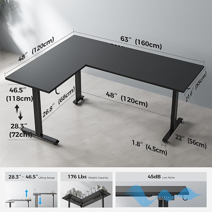 Agilestic L Shaped Standing Desk 63 inch Adjustable Height, Electric Corner Standing Desk, Sit Stand Computer Table with Splice Board, Black | Corner Desk, Ample Workspace, Memory Presets, Hooks, Stable Steel Frame,176 lbs Capacity, Easy Assembly, Spli...