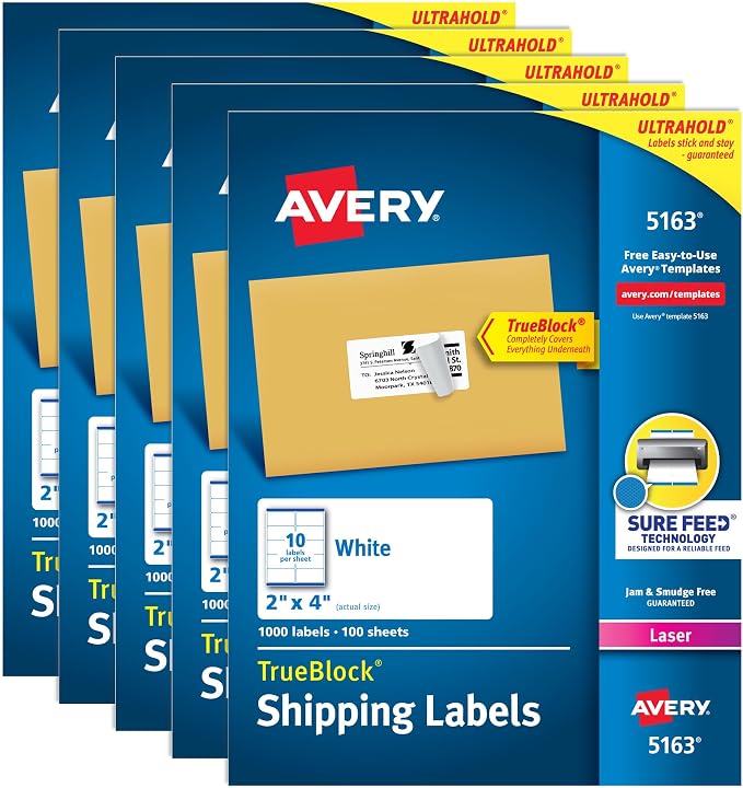 Avery® Printable Shipping Labels, Sure Feed® Technology, 2" x 4" Customizable Stickers, White, 5,000 Blank Mailing Labels, Great for Mailing, Shipping, and More (5-Pack of 5163)