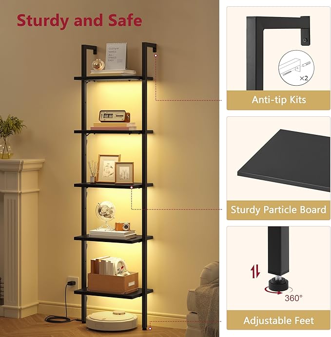 5 Tier Ladder Bookshelf with Light, Wall Mounted Ladder Shelf Black