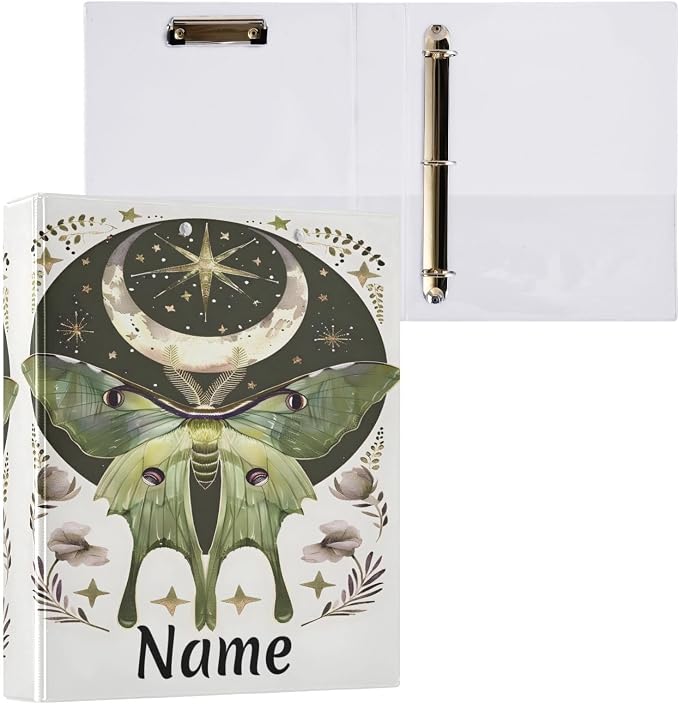 Custom 3 Ring Binder Moth Moon Art 1.5" Round Ring Binders Personalized Name View Binder with 200 Sheet for Women Men Office Kids School Supplies, 1 Pack