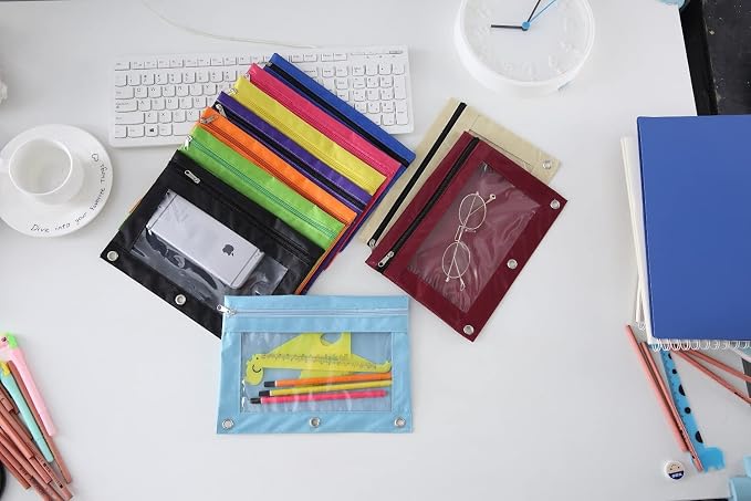 Pencil Pouch for 3 Ring Binder, Large Pencil Case with Clear Window, Metal Zipper Binder Pencil Pouches Fit Standard Binders, Durable Organizer for Office School Supplies Black 5 Pack