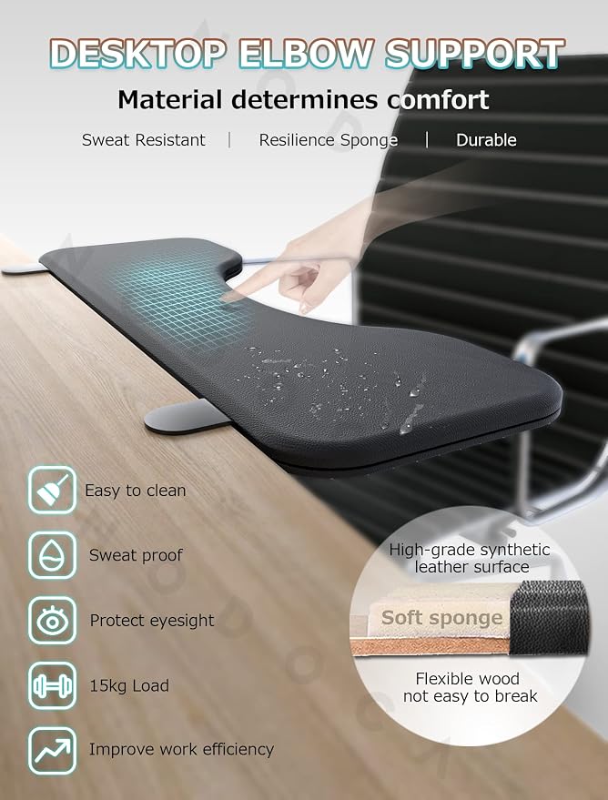 NODOCA Arm Rest for Desk, Ergonomics Wrist Rest, Desk Extender, Soft Sponge Built-in, Comfortable Arm Support for Desk, Wrapped in Eco-Friendly Leather, Foldable Elbow Rest for Desk(1, Black, 26.5'')