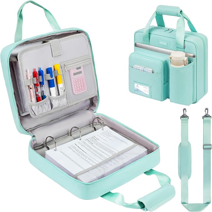 3 Ring Zipper Binder Bag, 3 Inch D-Ring 700 Sheet Capacity, Portable File Organizer with Removable Shoulder Strap & Multiple Pockets for School Office Travel Summer Study Back to School,Mint Green