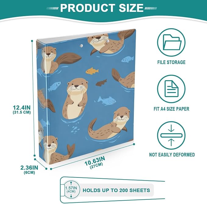 Cute Sea Otters Blue Decorative 3 Ring Binder 1.5 Inch Large View Binders with Pockets Holds 200 Sheets File Organizer for Office College School, 1 Pack