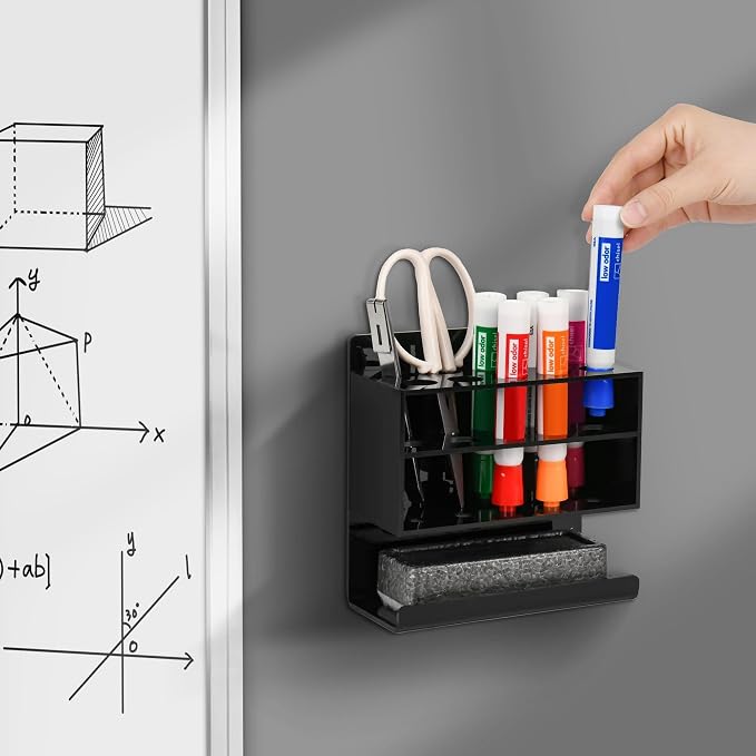 Dry Erase Marker Holder, Wall Mounted Acrylic Marker Holder with 10 Slots, Sticky Pen Storage for Classroom Organization, Office, Whiteboard, Desk Locker Organizer Accessories, Black